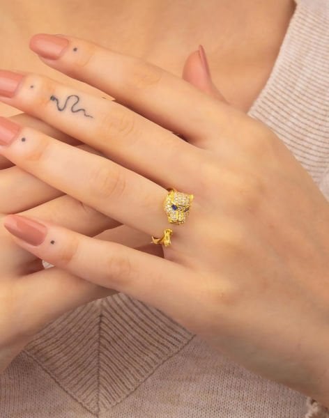 Zirkon Taşlı Gümüş Panter Yüzük 14 Ayar Altın Kaplama