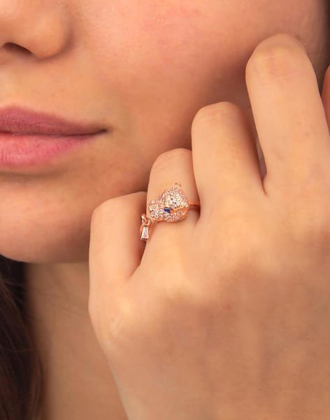 Zirkon Taşlı Gümüş Panter Yüzük Rose Kaplama