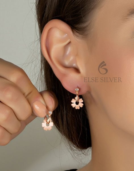 925 Ayar Gümüş Yonca Göçmen Küpesi Rose Kaplama