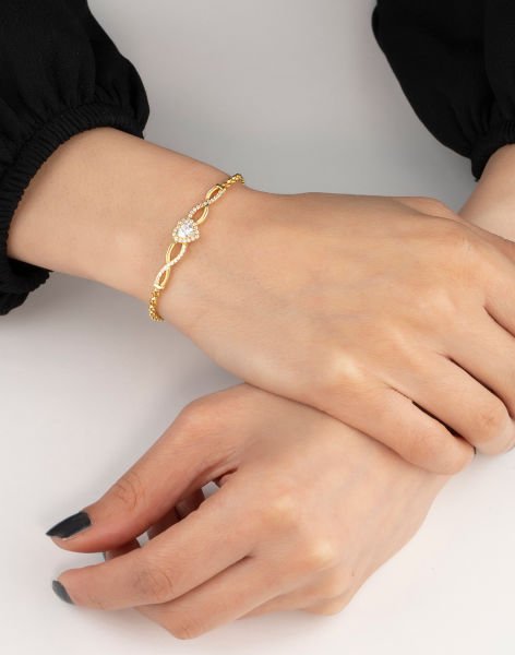 Doc Zincirli Sonsuzluklu Kalp Gümüş Bileklik 14 Ayar Altın Kaplama