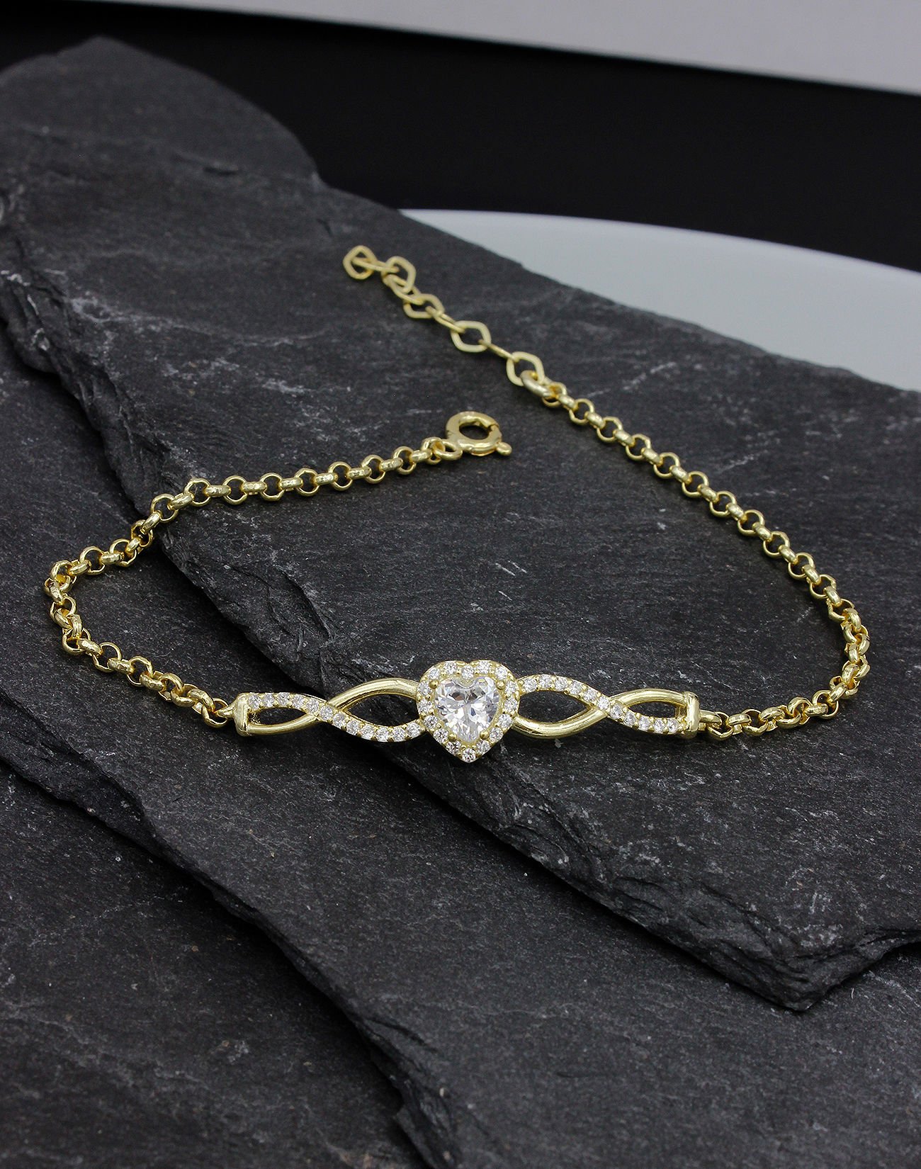 Doc Zincirli Sonsuzluklu Kalp Gümüş Bileklik 14 Ayar Altın Kaplama