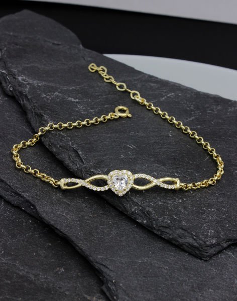 Doc Zincirli Sonsuzluklu Kalp Gümüş Bileklik 14 Ayar Altın Kaplama