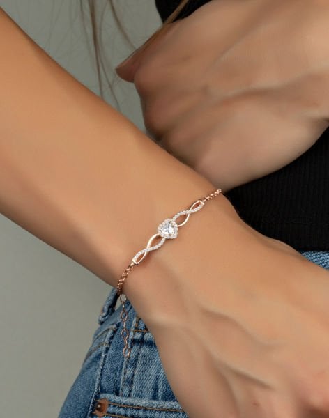 Doc Zincirli Sonsuzluklu Kalp Gümüş Bileklik Rose Kaplama