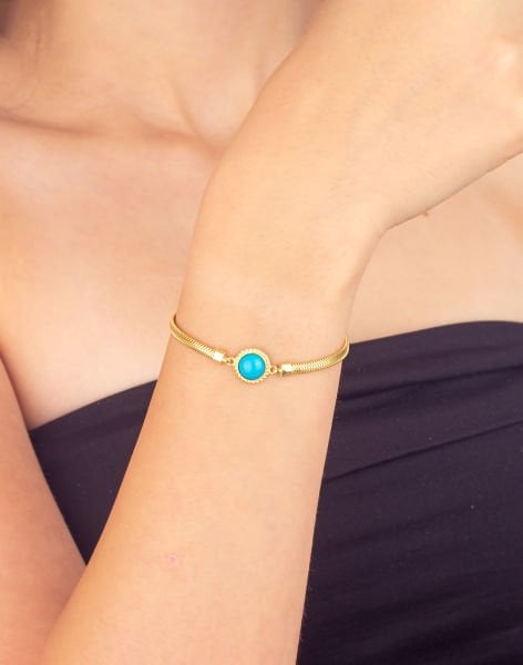 925 Ayar Firuze Taşlı Balık Sırtı Gümüş Bileklik