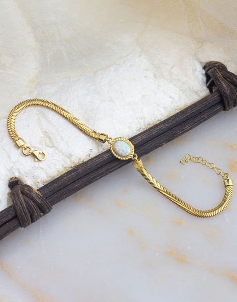 925 Ayar Oval Opal Taşlı Balık Sırtı Gümüş Bileklik