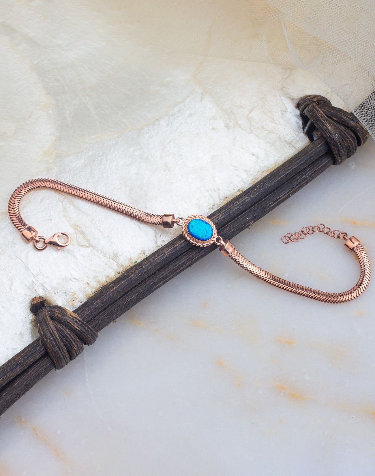 925 Ayar Oval Opal Taşlı Balık Sırtı Gümüş Bileklik Rose Kaplama - MAVİ