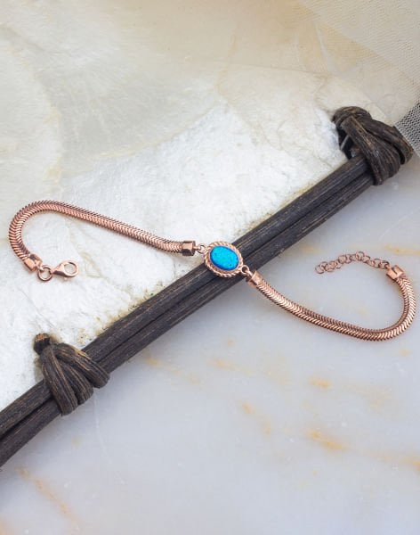 925 Ayar Oval Opal Taşlı Balık Sırtı Gümüş Bileklik Rose Kaplama - MAVİ