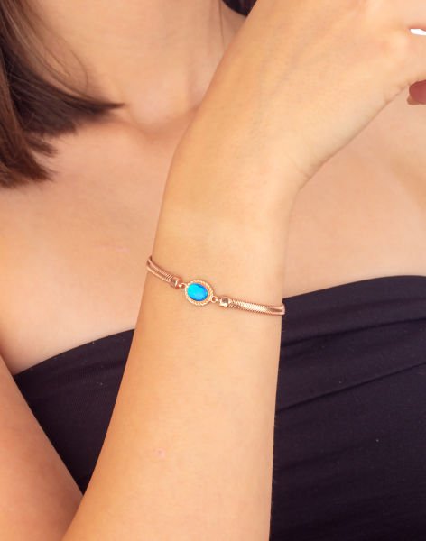 925 Ayar Oval Opal Taşlı Balık Sırtı Gümüş Bileklik Rose Kaplama - MAVİ