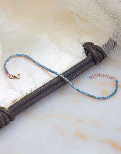 925 Ayar Firuze Taşlı Su Yolu Gümüş Bileklik 14 Ayar Altın Kaplama