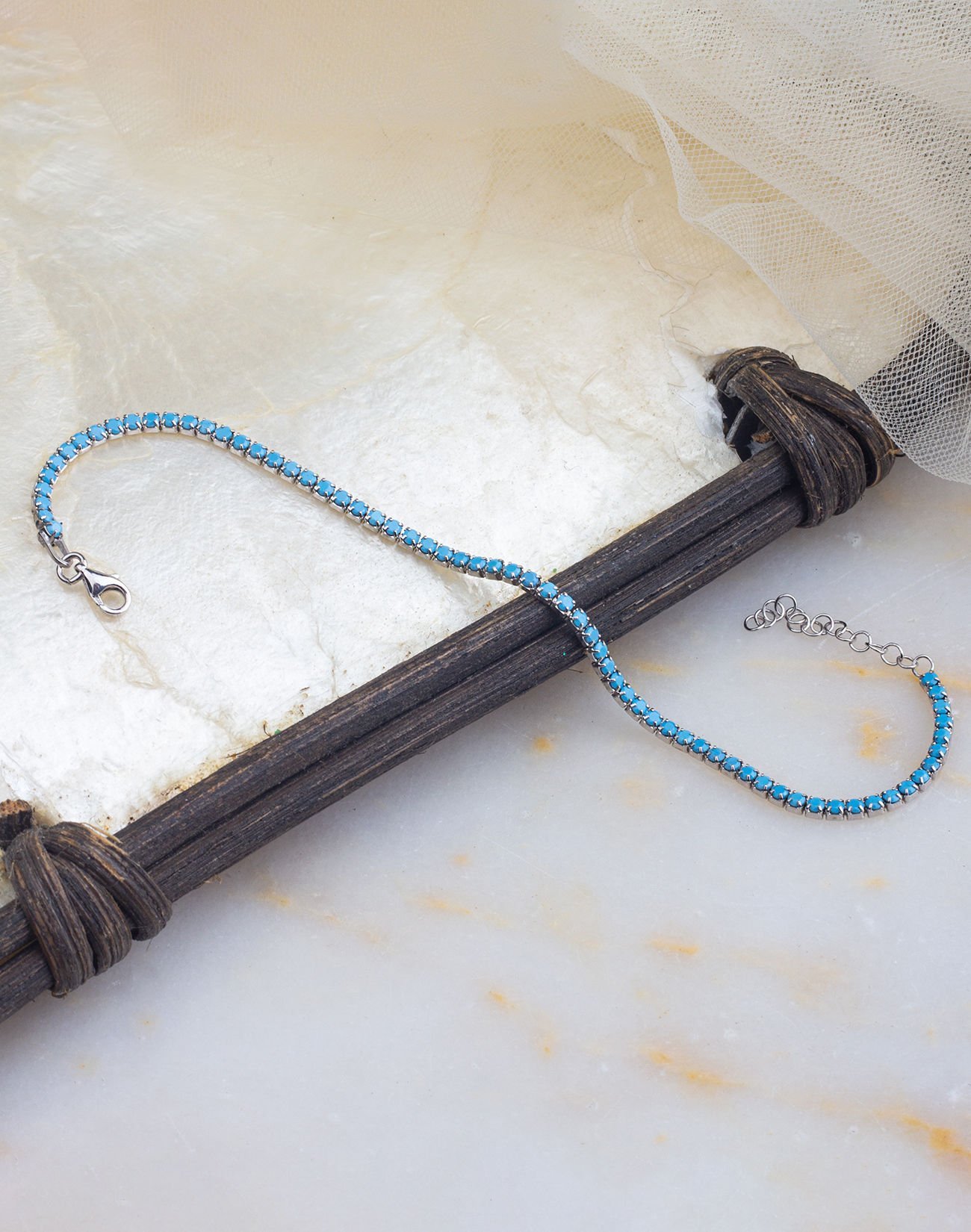 925 Ayar Firuze Taşlı Su Yolu Gümüş Bileklik Rodyum Kaplama