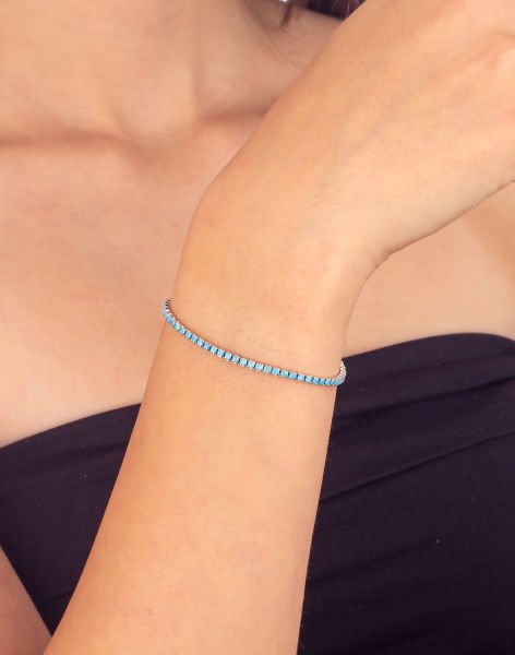 925 Ayar Firuze Taşlı Su Yolu Gümüş Bileklik Rodyum Kaplama