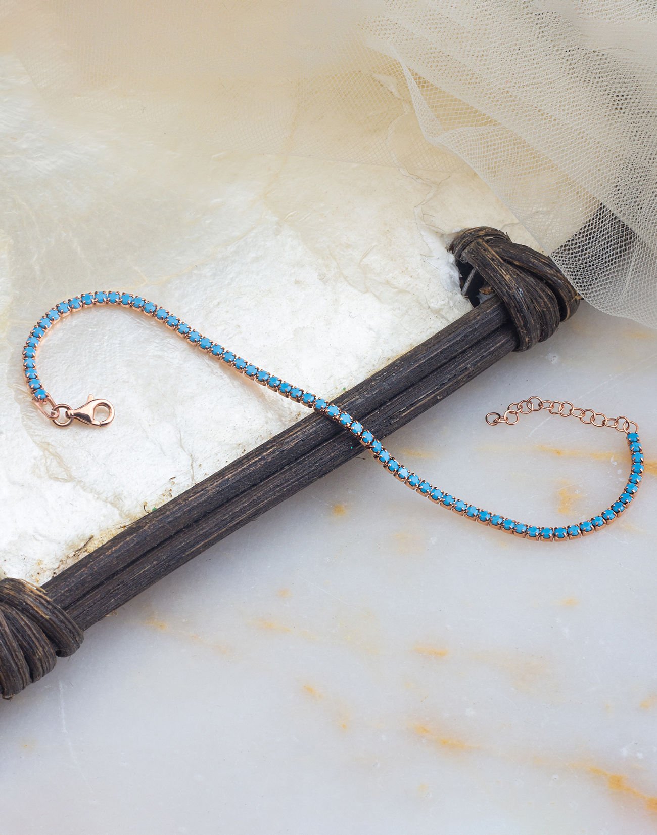 925 Ayar Firuze Taşlı Su Yolu Gümüş Bileklik Rose Kaplama