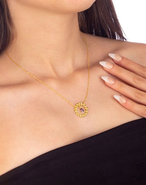 925 Ayar Başak Modeli Damla Taşlı Gümüş Kolye MOR