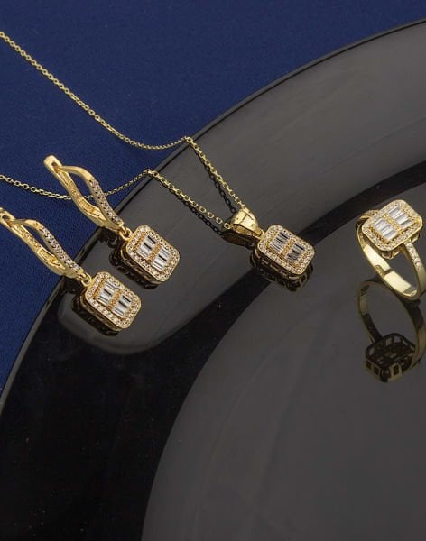 Zarif Tasarım Baget Taşlı Gümüş Takı Seti ALTIN KAPLAMA - 11