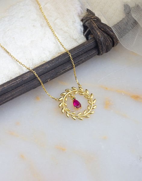 925 Ayar Başak Modeli Damla Taşlı Gümüş Kolye PEMBE