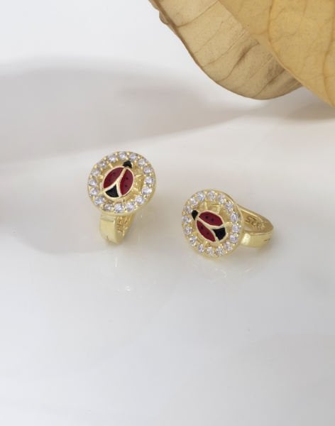 Mineli Uğur Böcekli Yuvarlak Taşlı Gümüş Çocuk Küpesi 14 Ayar Altın Kaplama