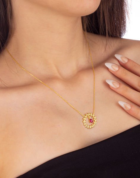 925 Ayar Başak Modeli Damla Taşlı Gümüş Kolye PEMBE