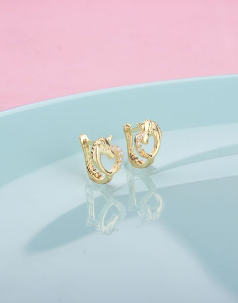 925 Ayar Gümüş Taşlı Tek Boynuzlu At Çocuk Küpesi 14 Ayar Altın Kaplama