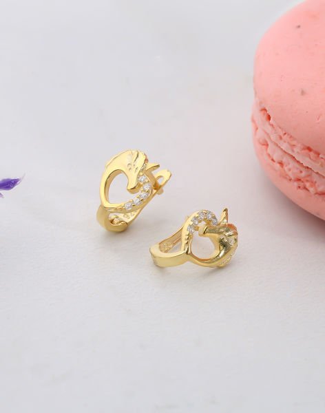 925 Ayar Gümüş Taşlı Tek Boynuzlu At Çocuk Küpesi 14 Ayar Altın Kaplama