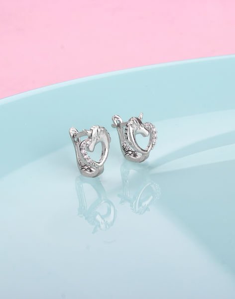 925 Ayar Gümüş Taşlı Tek Boynuzlu At Çocuk Küpesi Rodyum Kaplama