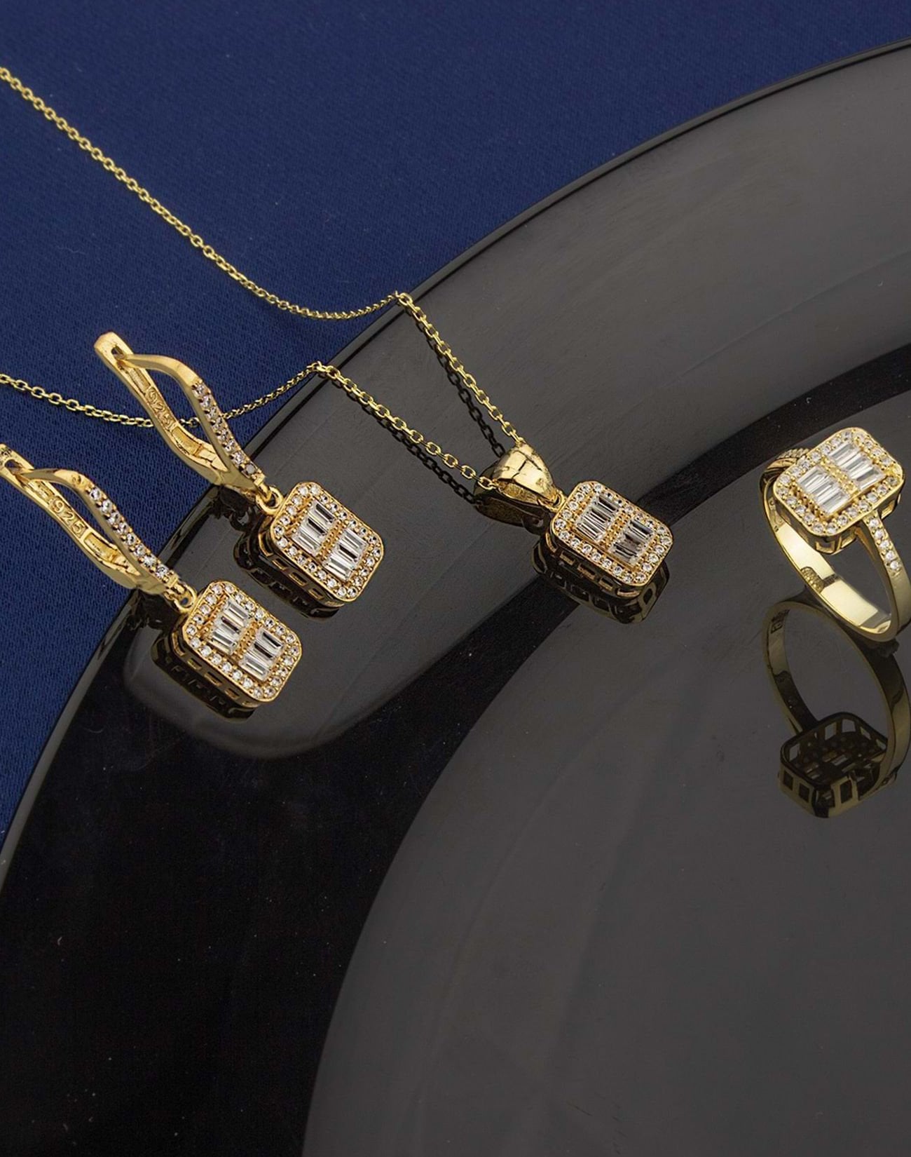 Zarif Tasarım Baget Taşlı Gümüş Takı Seti ALTIN KAPLAMA - 15