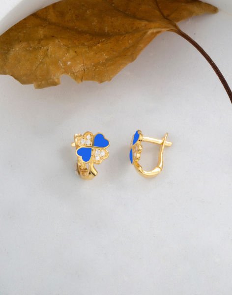 925 Ayar Gümüş Taşlı Mineli Yonca Çocuk Küpesi 14 Ayar Altın Kaplama