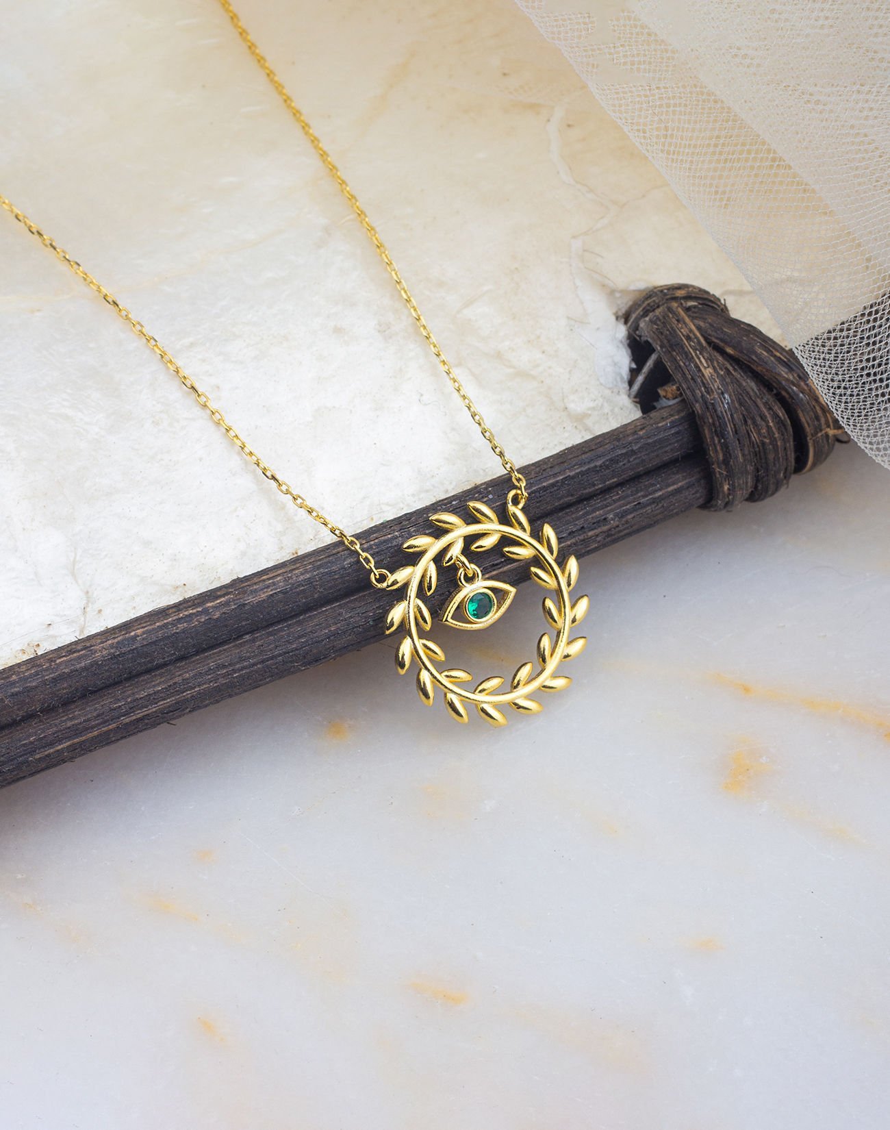 925 Ayar Başak Modeli Zirkon Taşlı Göz Gümüş Kolye YEŞİL