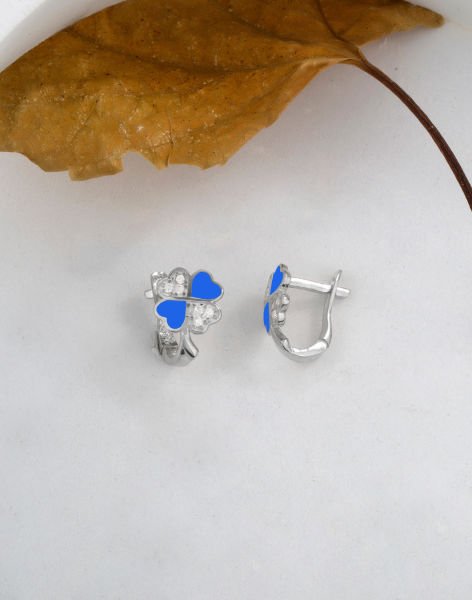 925 Ayar Gümüş Taşlı Mineli Yonca Çocuk Küpesi Rodyum Kaplama