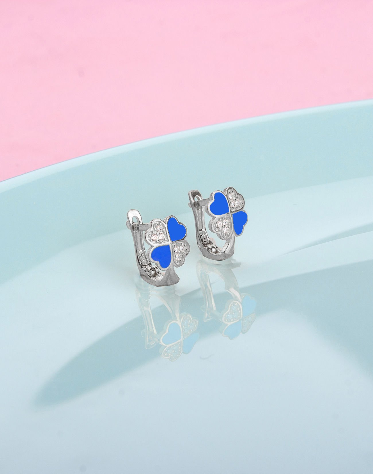 925 Ayar Gümüş Taşlı Mineli Yonca Çocuk Küpesi Rodyum Kaplama