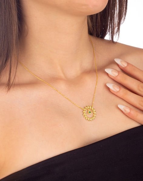 925 Ayar Başak Modeli Zirkon Taşlı Göz Gümüş Kolye YEŞİL