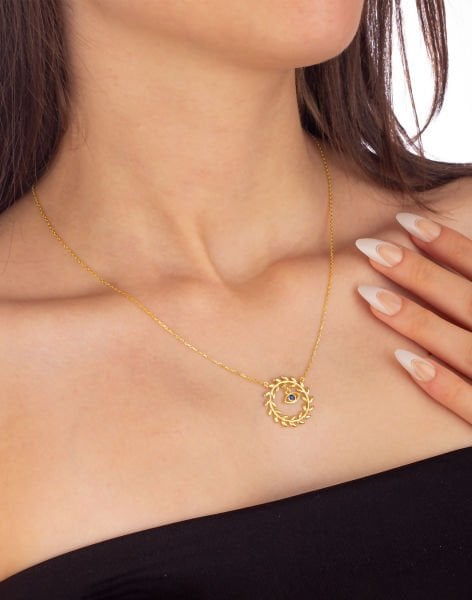 925 Ayar Başak Modeli Zirkon Taşlı Göz Gümüş Kolye MAVİ