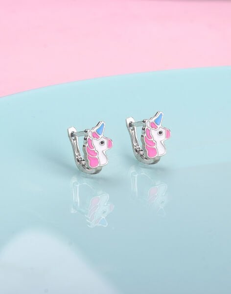 925 Ayar Gümüş Renkli Tek Boynuzlu At Çocuk Küpesi Rodyum Kaplama