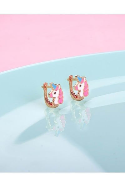 925 Ayar Gümüş Renkli Tek Boynuzlu At Çocuk Küpesi Rose Kaplama