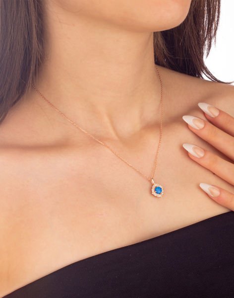 925 Ayar Gümüş Opal Taşlı Sultan Kolye MAVİ