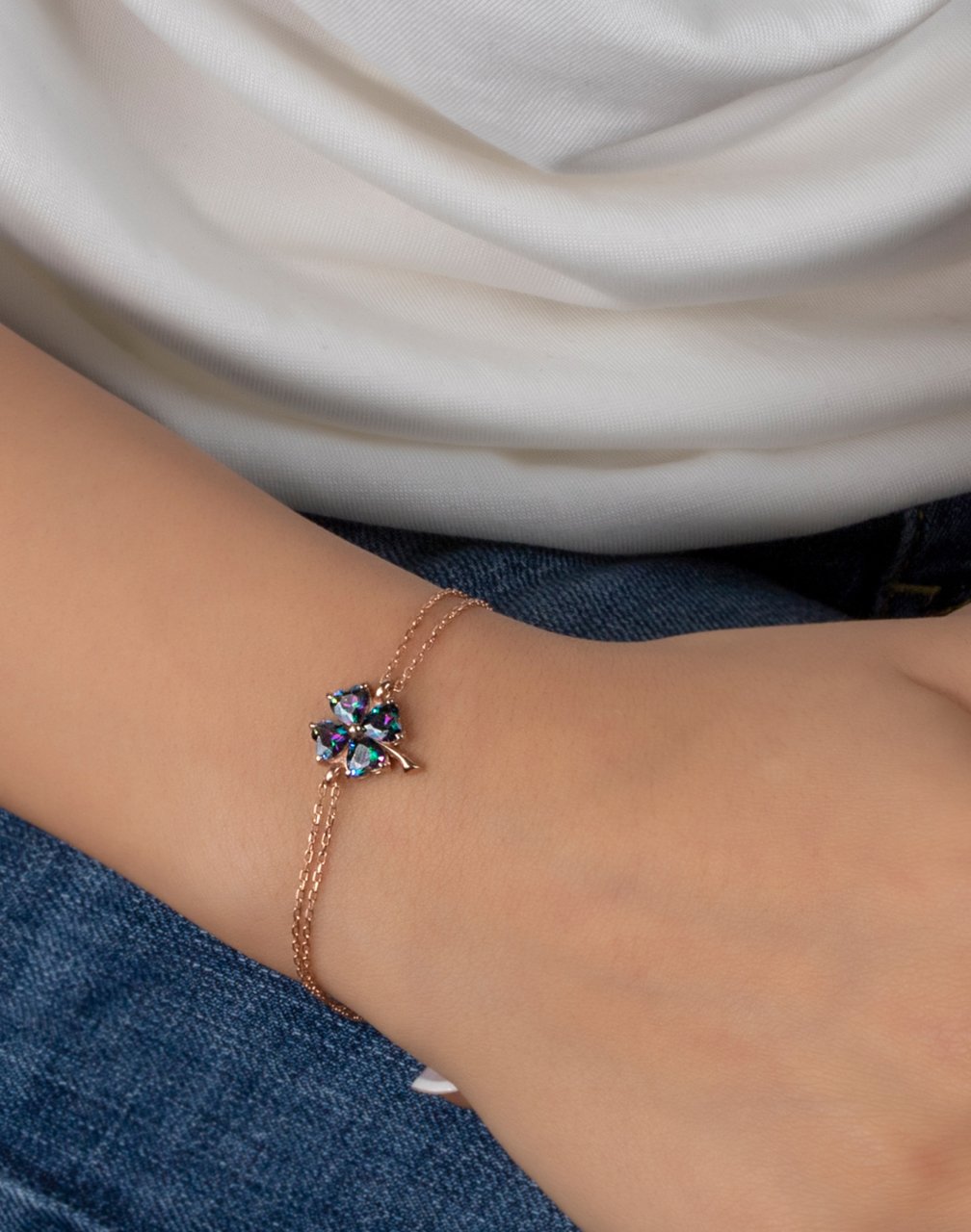 Mistik Topaz Taşlı Yonca Gümüş Bileklik