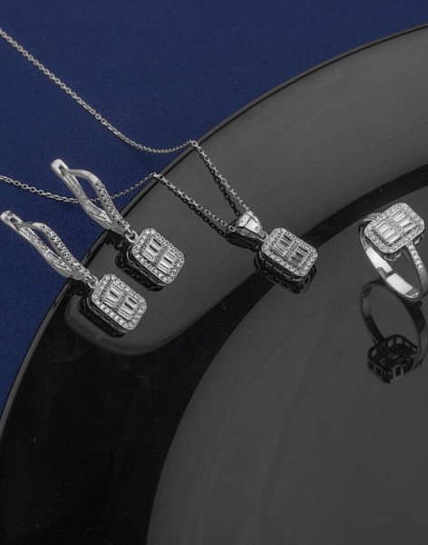 Zarif Tasarım Baget Taşlı Gümüş Takı Seti RODYUM KAPLAMA - 20