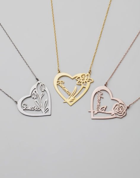 Kişiye Özel Kalpli Çiçekli Gümüş Kolye 14 Ayar Altın Kaplama