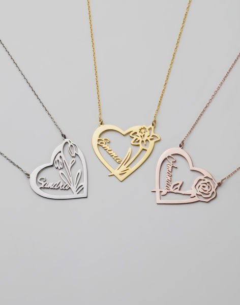 Kişiye Özel Kalpli Çiçekli Gümüş Kolye Rose Kaplama