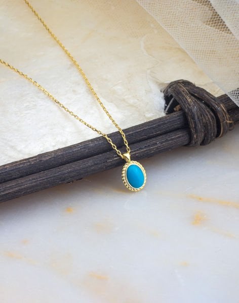 925 Ayar Firuze Taşlı Oval Minimal Gümüş Kolye