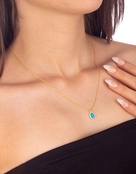 925 Ayar Firuze Taşlı Oval Minimal Gümüş Kolye