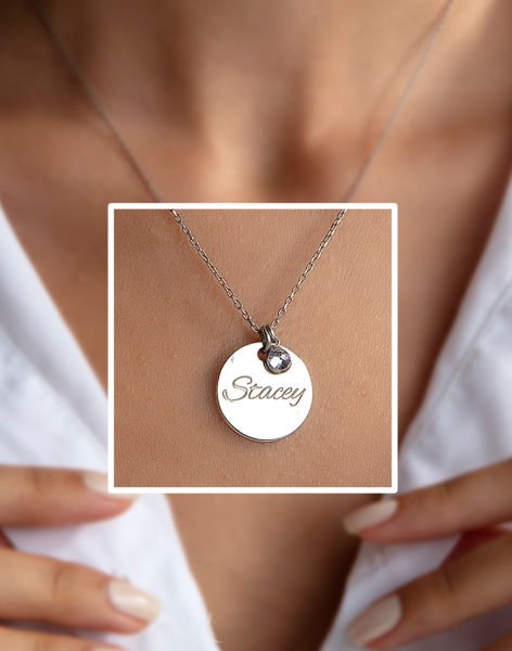 Doğum Taşı Detaylı Kişiselleştirilebilir Disk Kolye Rodyum Kaplama